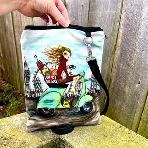 Bella Pilar velveteen crossbody bag girl on moped in London